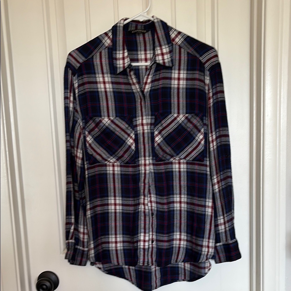 Express Plaid Button Down Shirt - Navy, Red, White